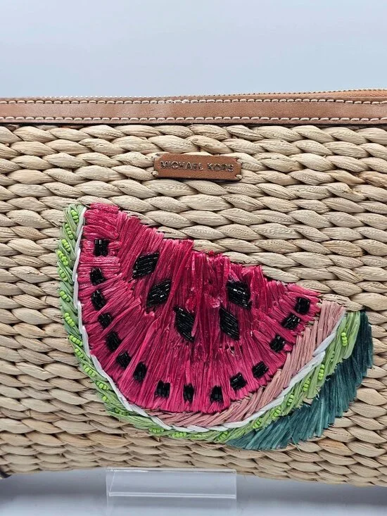 Michael Kors Women's Watermelon Raffia Malibu Straw XL Clutch Zip Wristlet 3304 - Picture 12 of 14